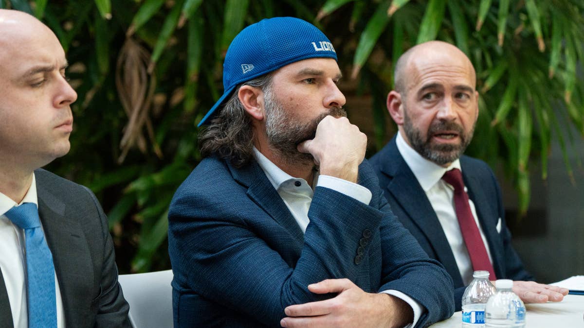 Detroit Lions fan Ryan Kennedy attends a press conference