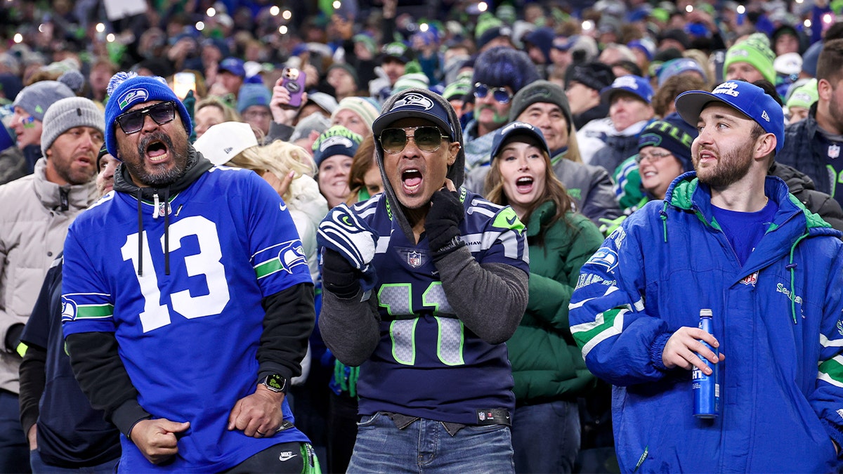Fans in Seahawks colors celebrate in the stands during a postseason football game.