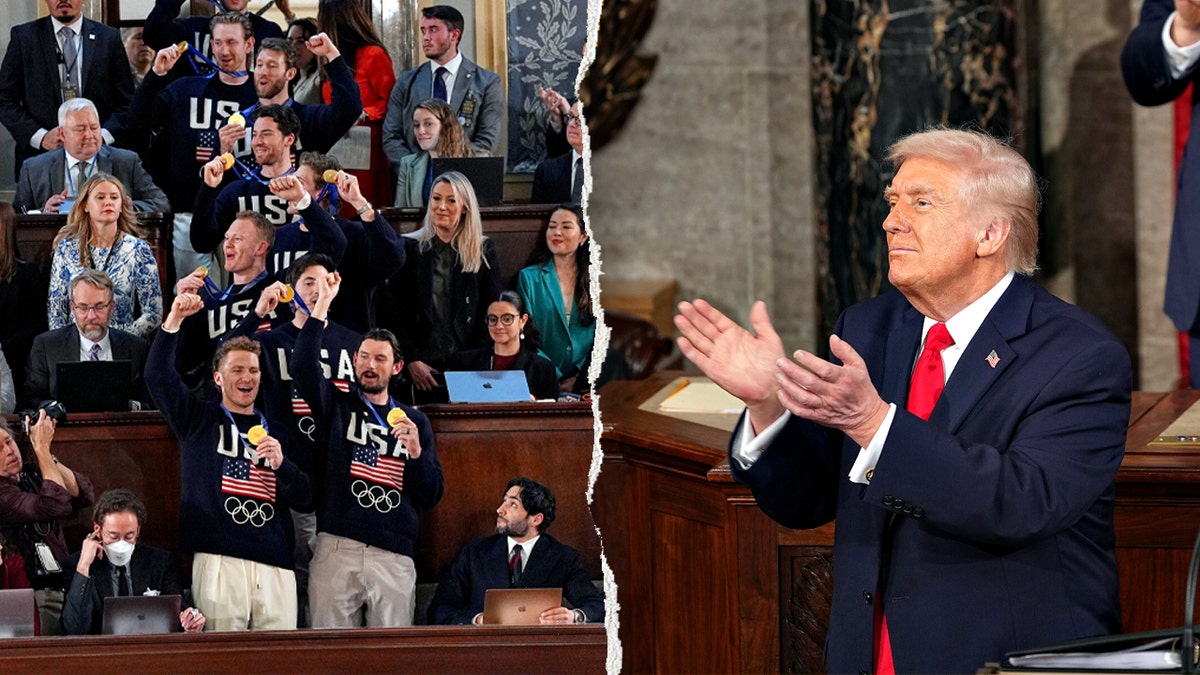 Composite image of Team USA hockey players enter chamber with gold medals split with President Donald Trump applauding