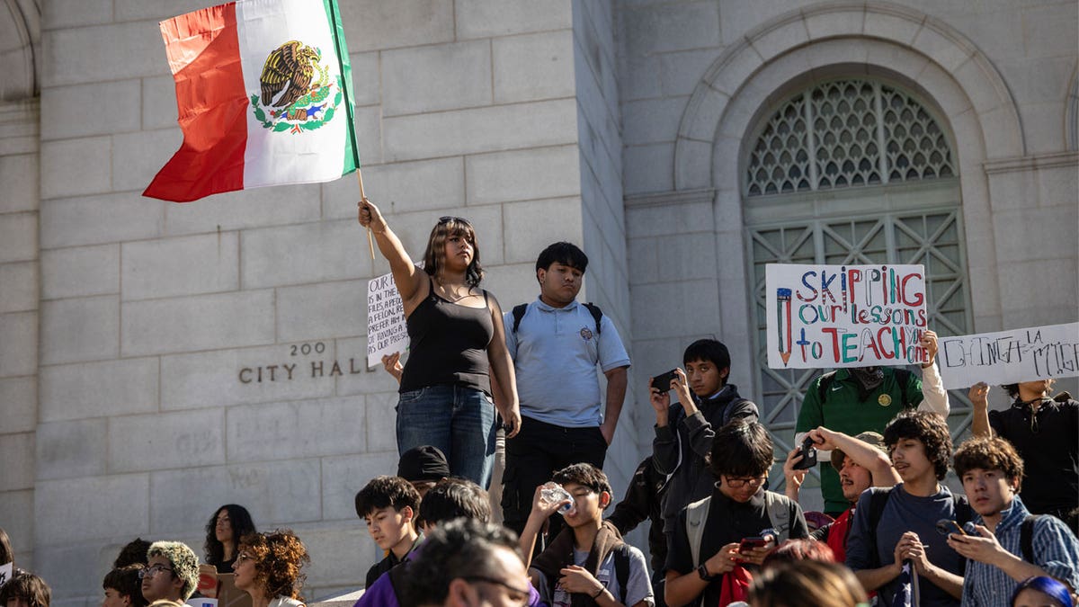 student holding the mexican flag protesting ice