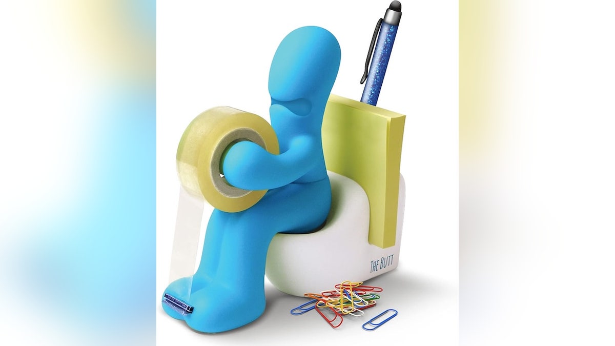 This bathroom humor desk organizer comes in five colors.
