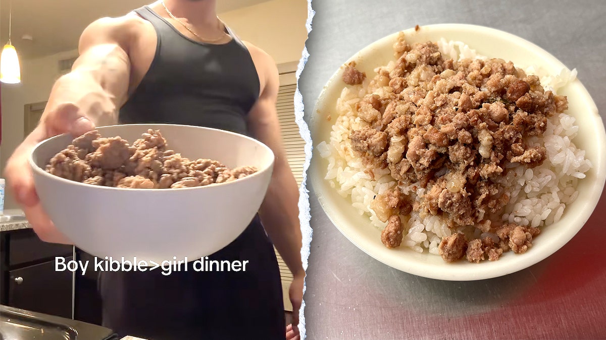 Split image of Christian holding beef bowl, stock image of beef