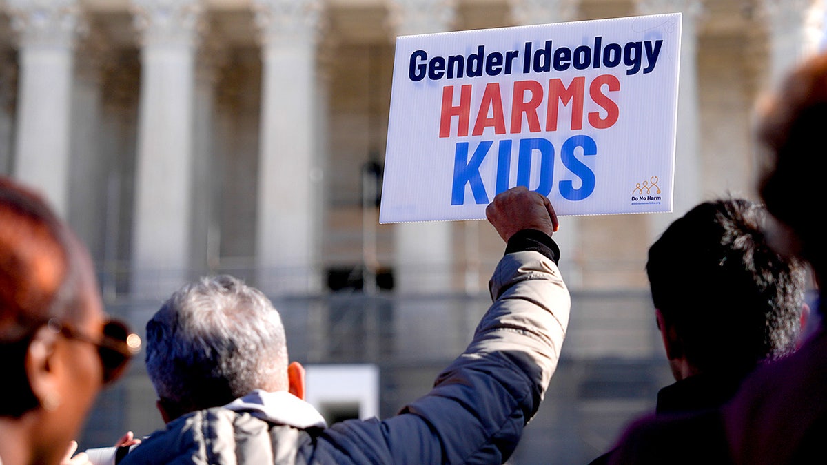 Demonstrator holds sign outside U.S. Supreme Court.