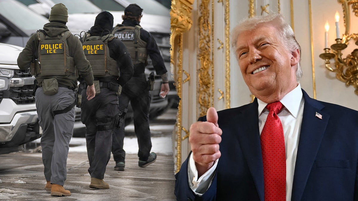 A split image of President Trump and ICE agents