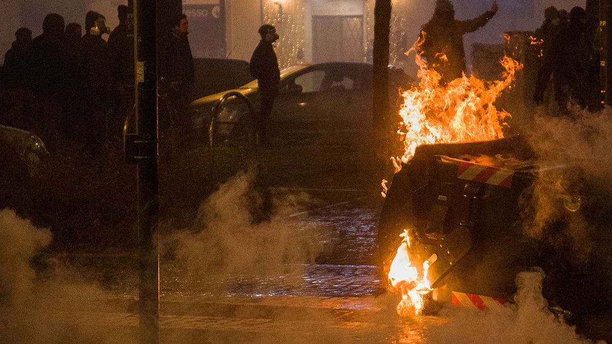 demonstrators clash with police following a march in support of Askatasuna, a left-wing social centre that was evicted by authorities in Turin, Italy