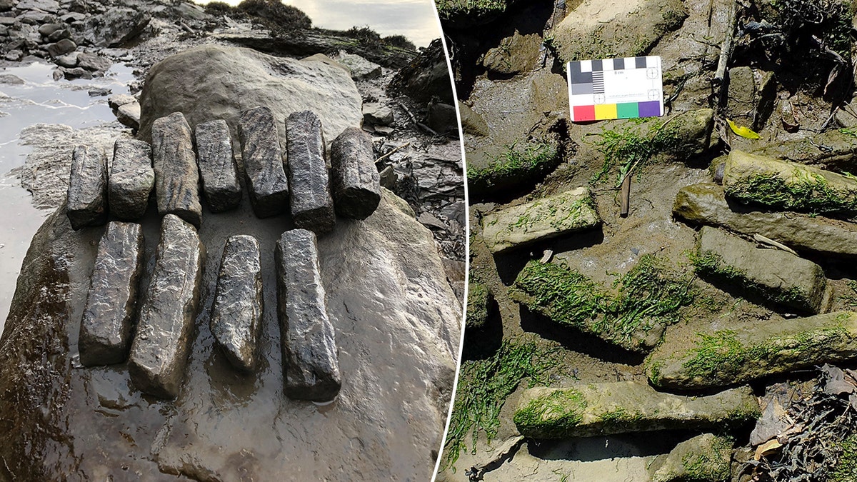 Split image of whetstones near water, under moss
