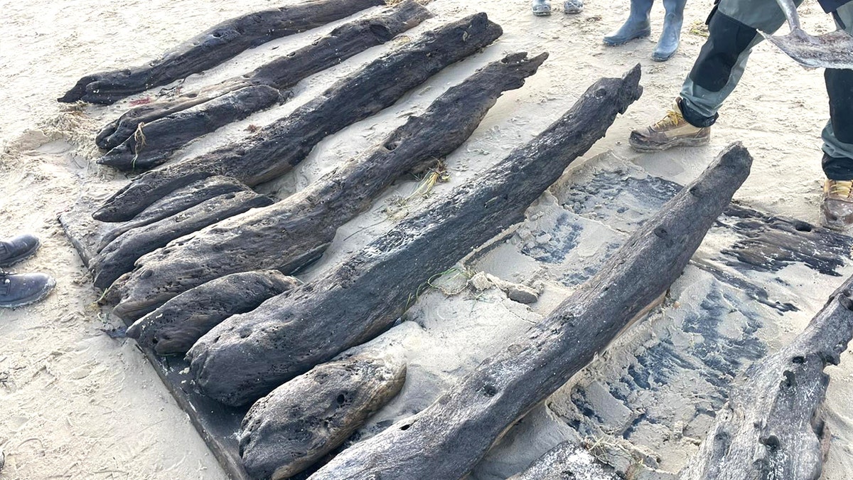 Exposed timbers on beach