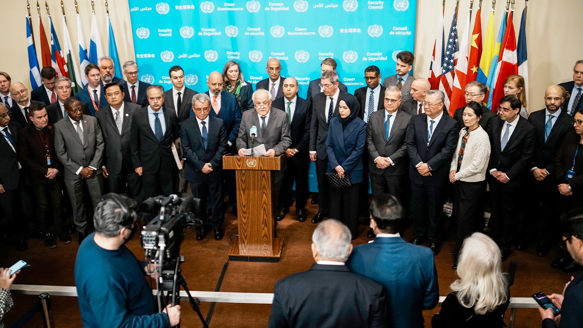 Riyad Mansour addresses reporters at the United Nations Headquarters in New York City.