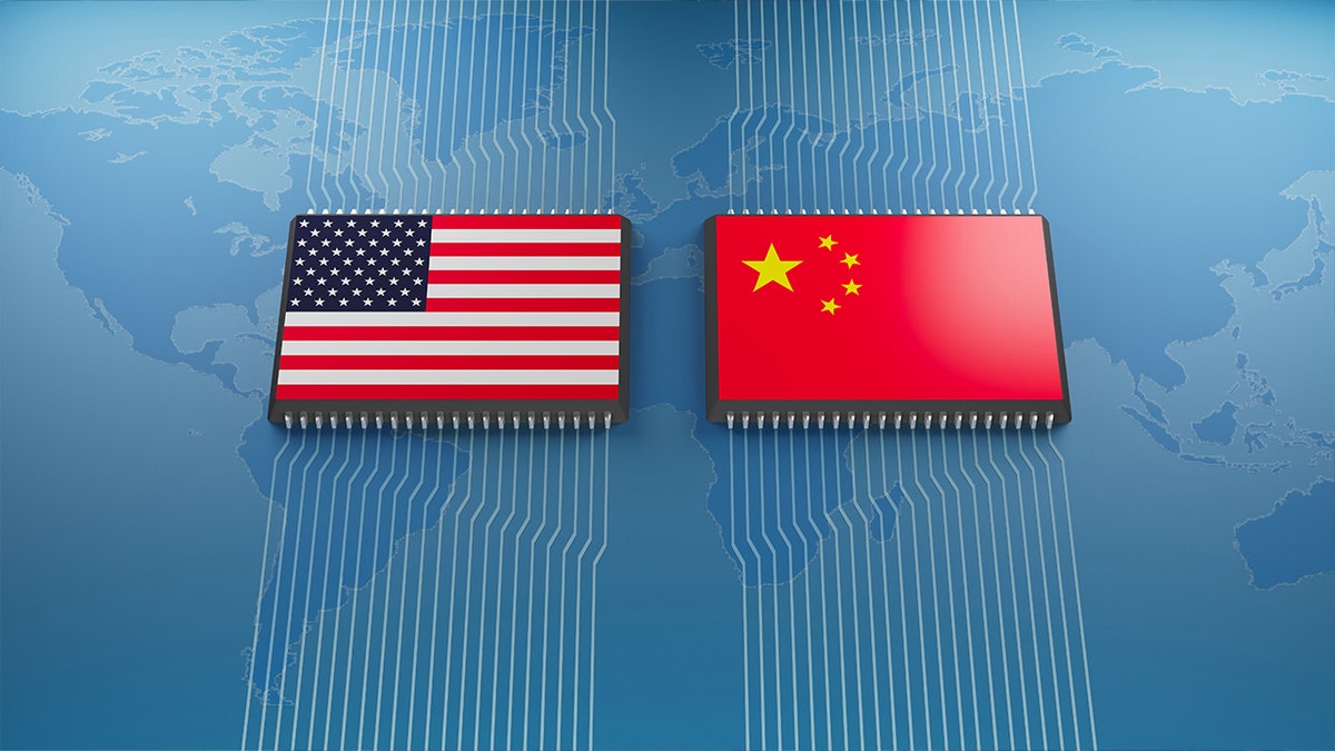 Flag of USA and China on a processor, CPU Microchip on the motherboard, On world map blue background, 3d render.