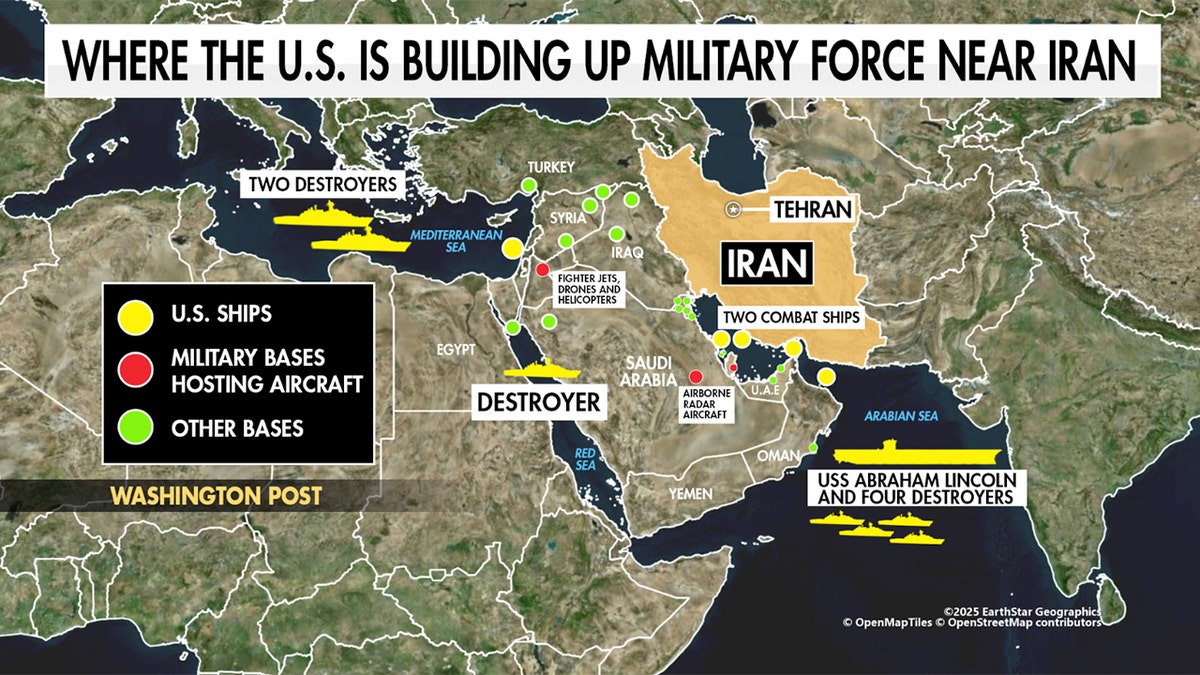 A digital map of the Middle East showing U.S. military ship and base locations surrounding Iran.