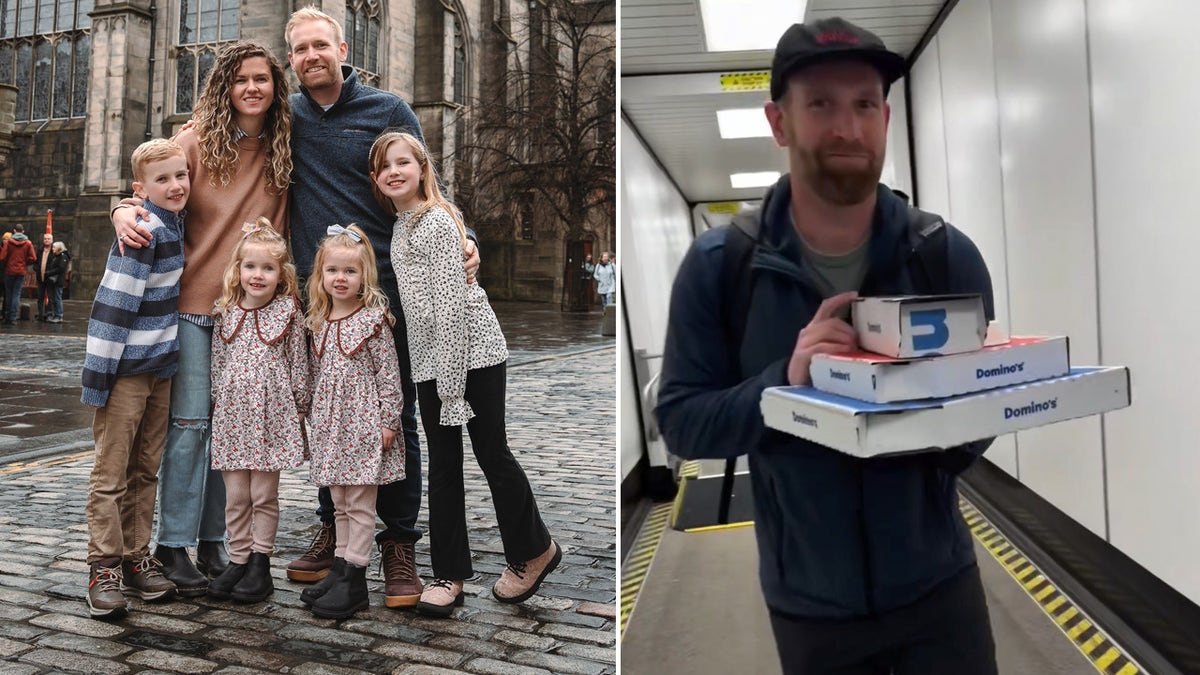 At left, Van De Graaff family of six poses in Europe in front of church; at right, dad Nathan carries pizza boxes onto plane.