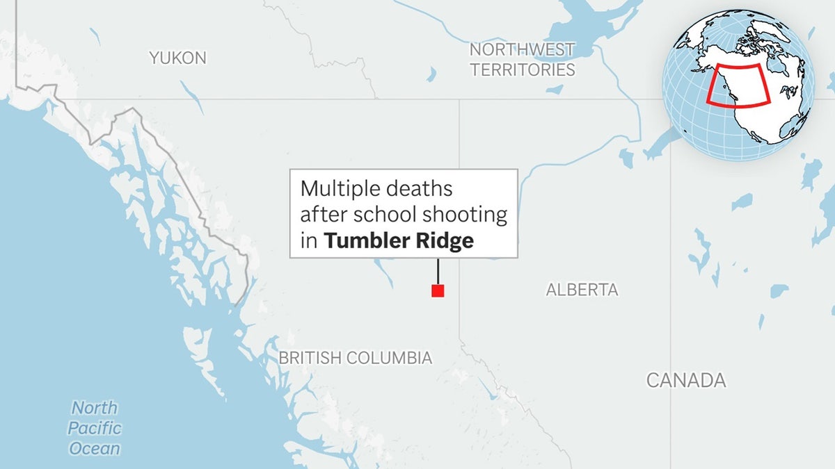 A map showing the location of the Tumbler Ridge school shooting.