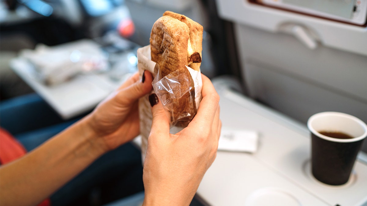 Passenger holding sandwich on flight