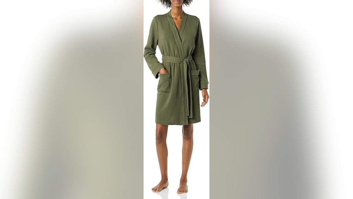 Wear this mid-length cotton robe over pajamas.
