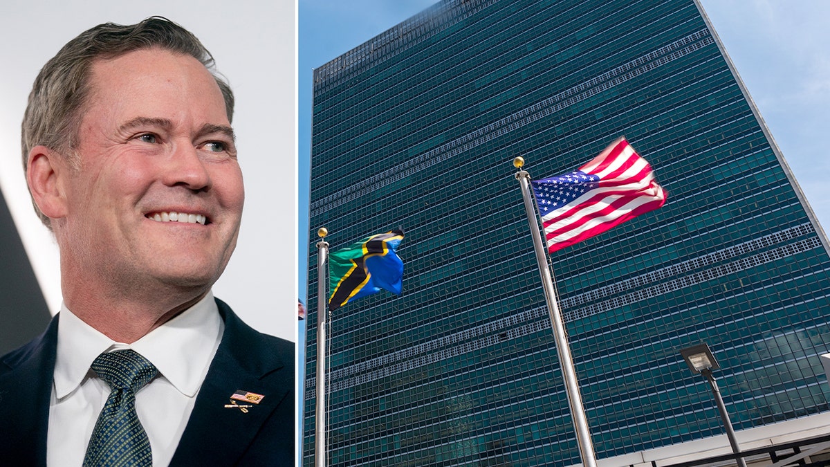 Mike Waltz and the American flag in front of the United Nations building.