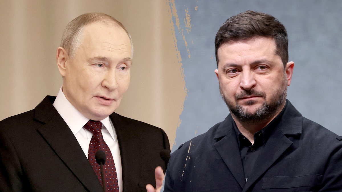 A split of Russian President Vladimir Putin and Ukrainian President Volodymyr Zelenskyy.