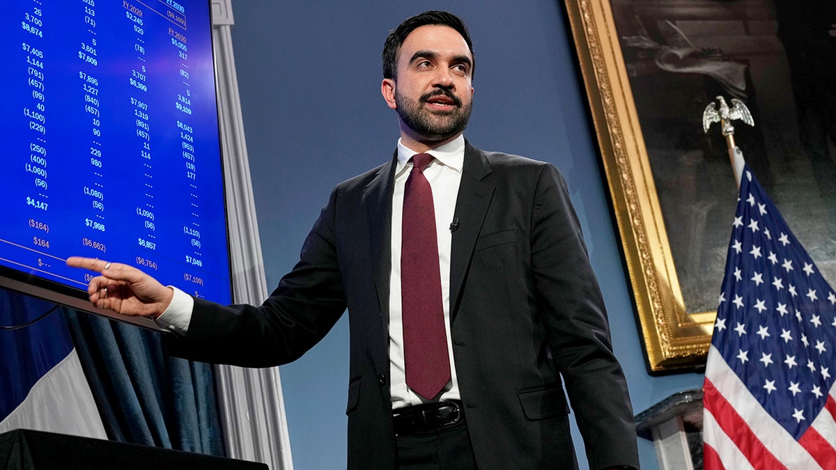 Burmistrz Nowego Jorku Zohran Mamdani wskazuje podczas przemówienia