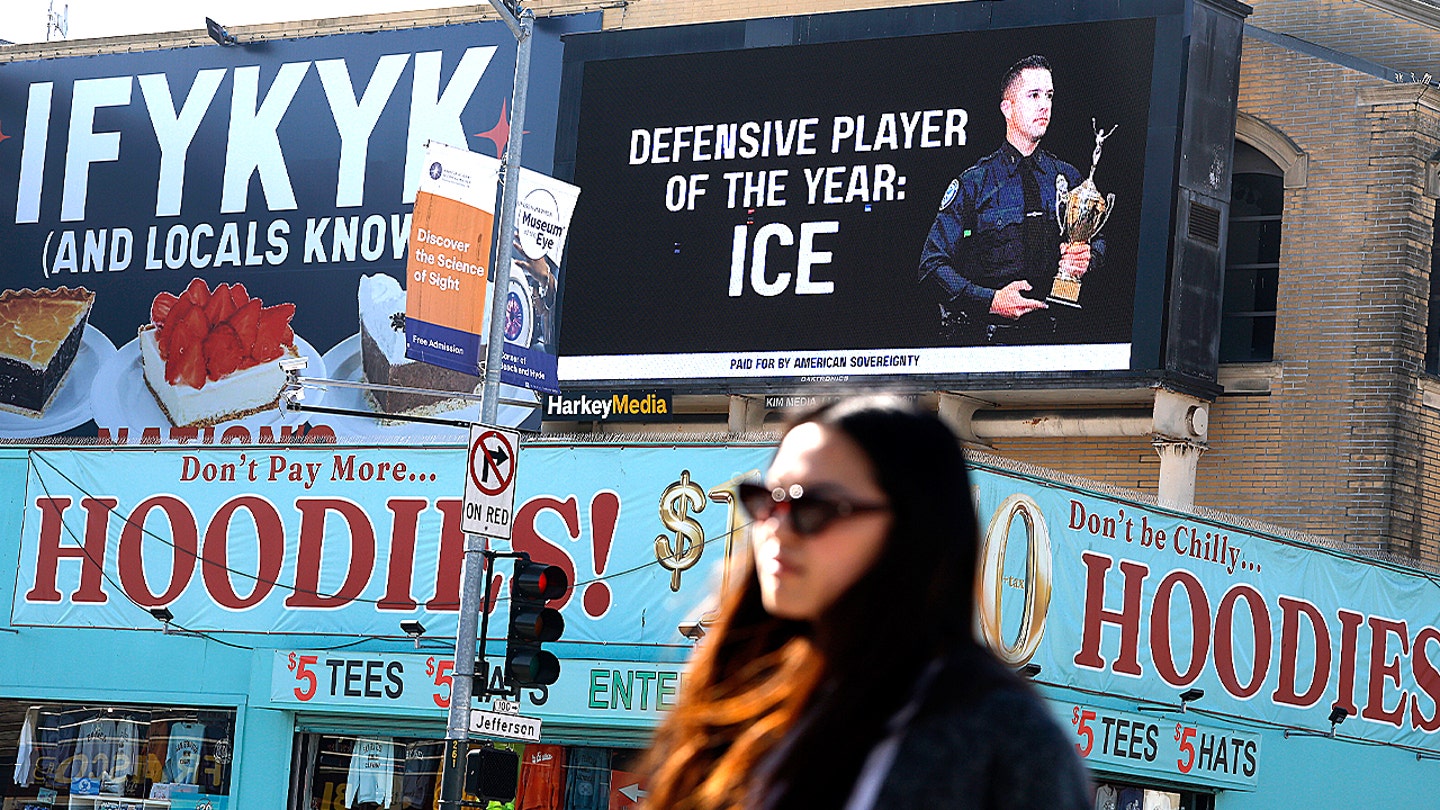 ICE billboard in San Francisco's Fisherman's Wharf neighborhood displays "Defensive player of the year: ICE."