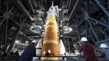 NASA's Artemis II mission rocket and spacecraft inside facility