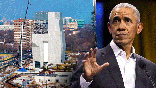 Animated GIF of the Obama Presidential Center construction next to a still photo of Barack Obama.