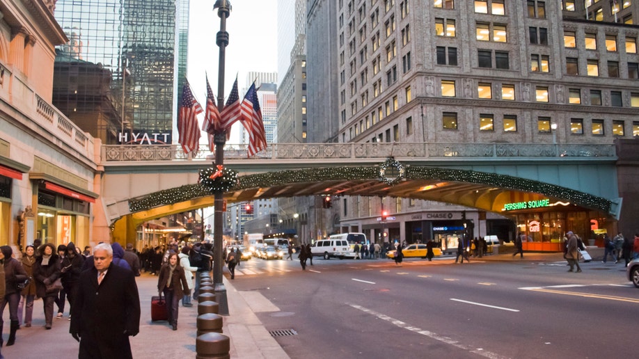 The Grand Central Hyatt seen in the background on 42nd St in New York City.