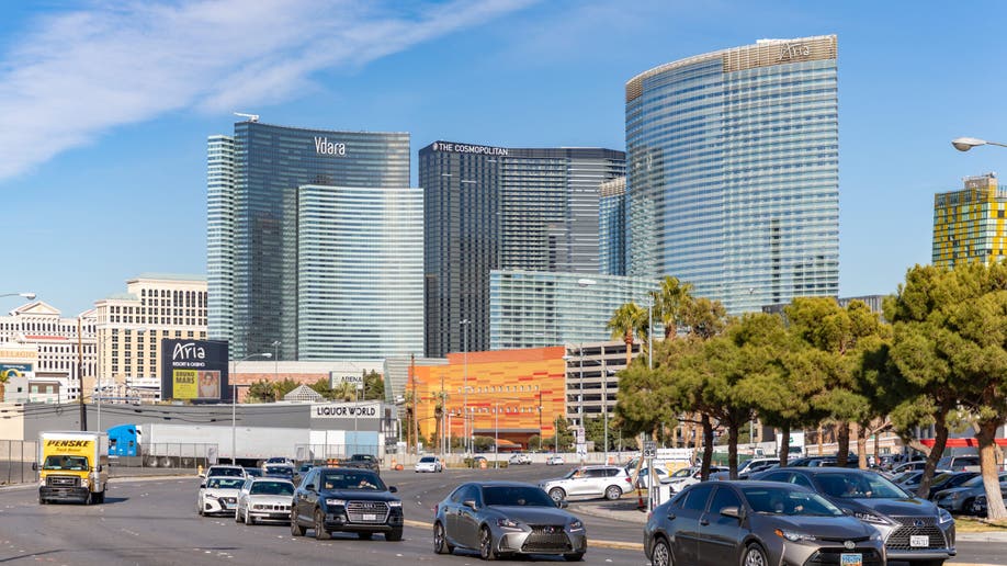 The Vdara Hotel & Spa seen on Las Vegas Blvd alongside other major Sin City luxury hotels