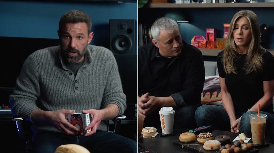 Ben Affleck appears with Jennifer Aniston, Matt LeBlanc and Jason Alexander in a Dunkin’ commercial ahead of Super Bowl LX.