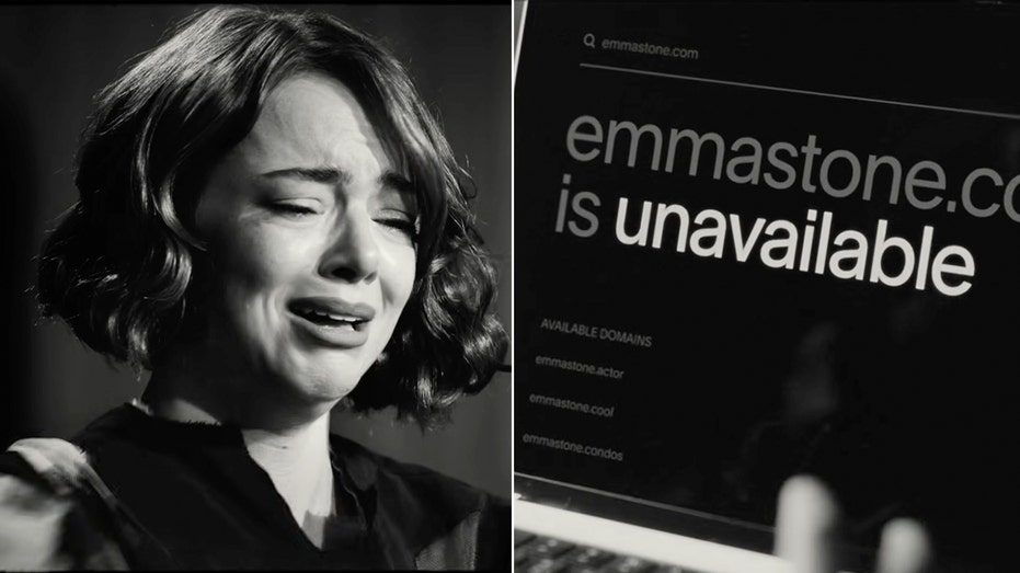 Emma Stone appears in a black-and-white scene from a Squarespace commercial as a screen shows emmastone.com is unavailable ahead of Super Bowl LX.
