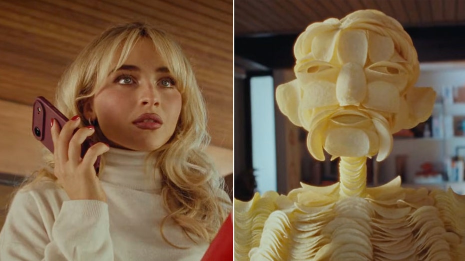 Side-by-side images show Sabrina Carpenter appearing in a Pringles commercial alongside a Pringles chip figure ahead of Super Bowl LX.