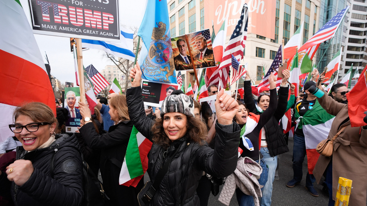 Iranian American men and women dancing in a protest in Washington, D.C.