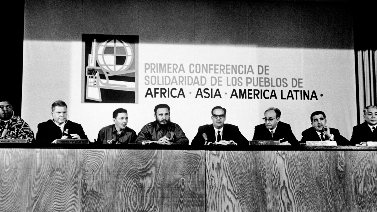 CUBA - Jan. 19, 1966 -The Tricontinental Conference in Havana brings together "under the banner of the peoples' solidarity" communist and socialist delegates from countries in Africa, Oceania, Asia and Latin America. From left to right, John Tettegah, Ghana's Vice President, Youssef El Sebai, Ghana's General Secretary, Raul Castro, member of the Cuban politburo and of the Cuban Communist Party General Secretariat, Fidel Castro, first Secretary of the Cuban Communist Party, Cuban President O. Dorticos, Raul Rao, Cuban Foreign Affairs Minister, Pedro Medina Silva, Vice President of Venezuela's liberation army, and Nguyen Van Tien, South Vietnam Vice President. 