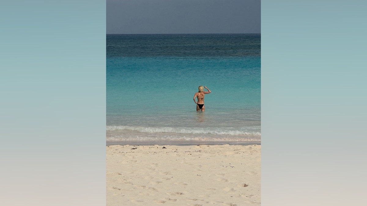 Ali Larter in a black bikini photographed from behind while standing in the ocean.