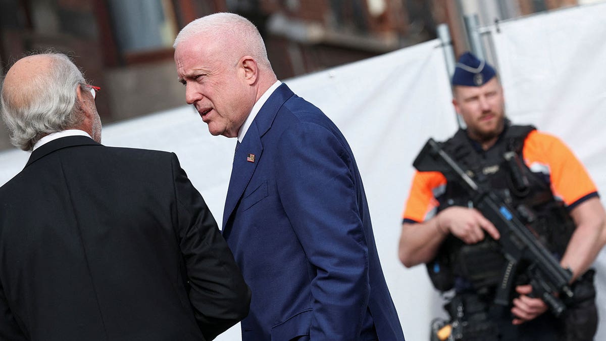 U.S. Ambassador to Belgium, Bill White, visits the site of explosion in a synagogue in Liege, Belgium 