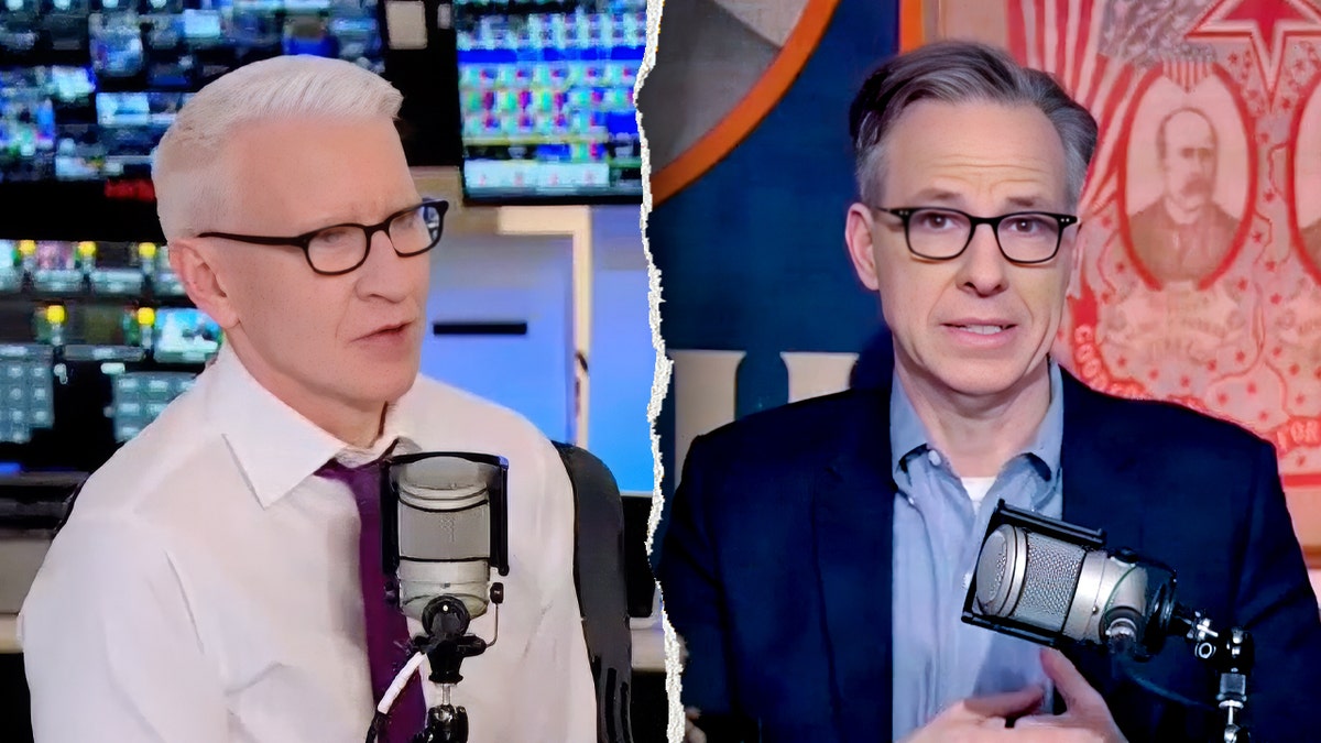 Anderson Cooper, Jake Tapper with podcast-like microphones