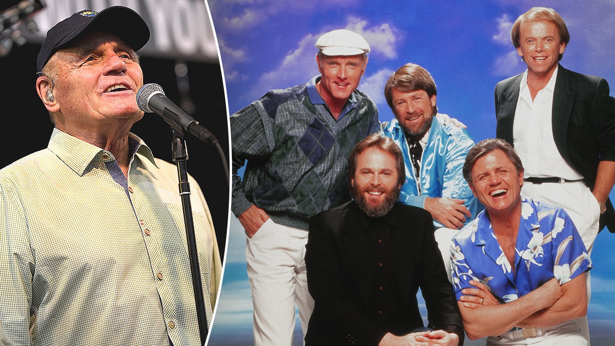 Split photo of he Beach Boys appears as a special guest during Mike Love’s performance at Amoeba Music in Hollywood, California, December 6, 2017; 1987 portrait of The Beach Boys—Mike Love, Carl Wilson, Brian Wilson, Bruce Johnston, and Al Jardine.