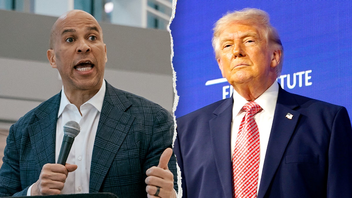 Senator Cory Booker speaking at a press conference at Newark Liberty International Airport