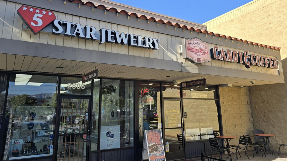 Exterior of 5-Star Jewelry & Watch Repair and Dr. Conkey’s Candy & Coffee in Simi Valley, California, where prosecutors say a burglary crew carried out a $3 million jewelry heist.