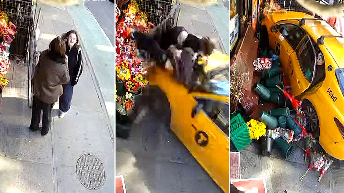 Surveillance video captures taxi striking pedestrians connected Manhattan sidewalk.