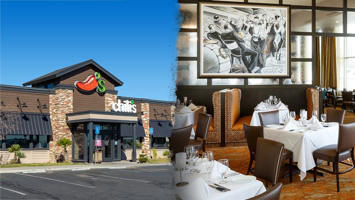 Exterior view of a Chili’s restaurant, showing the branded entrance outside, split with an interior of Ruth Chris Steakhouse.