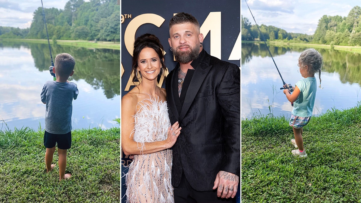 photos of country star Brantley Gilbert's son and daughter fishing split with photo of Brantley with his wife at CMAs
