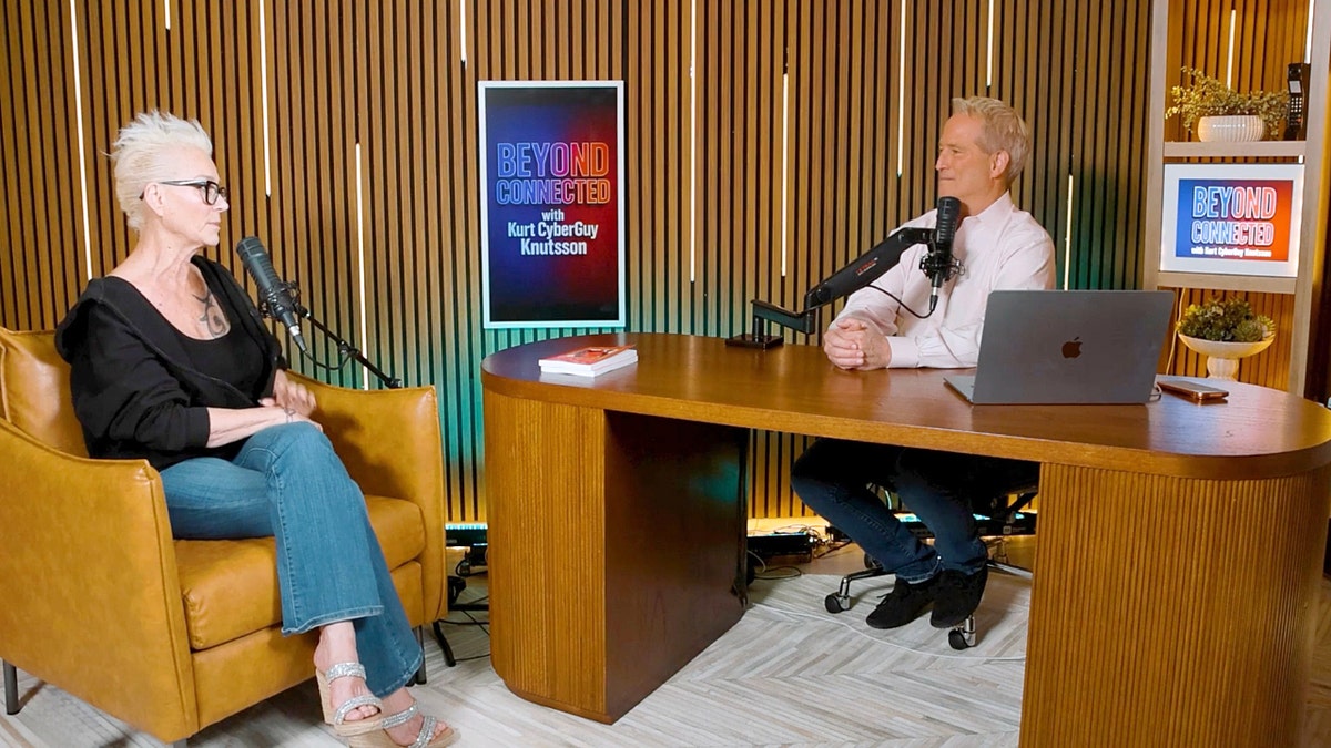 Susan Powter sitting down with Kurt "CyberGuy" Knutsson on his podcast
