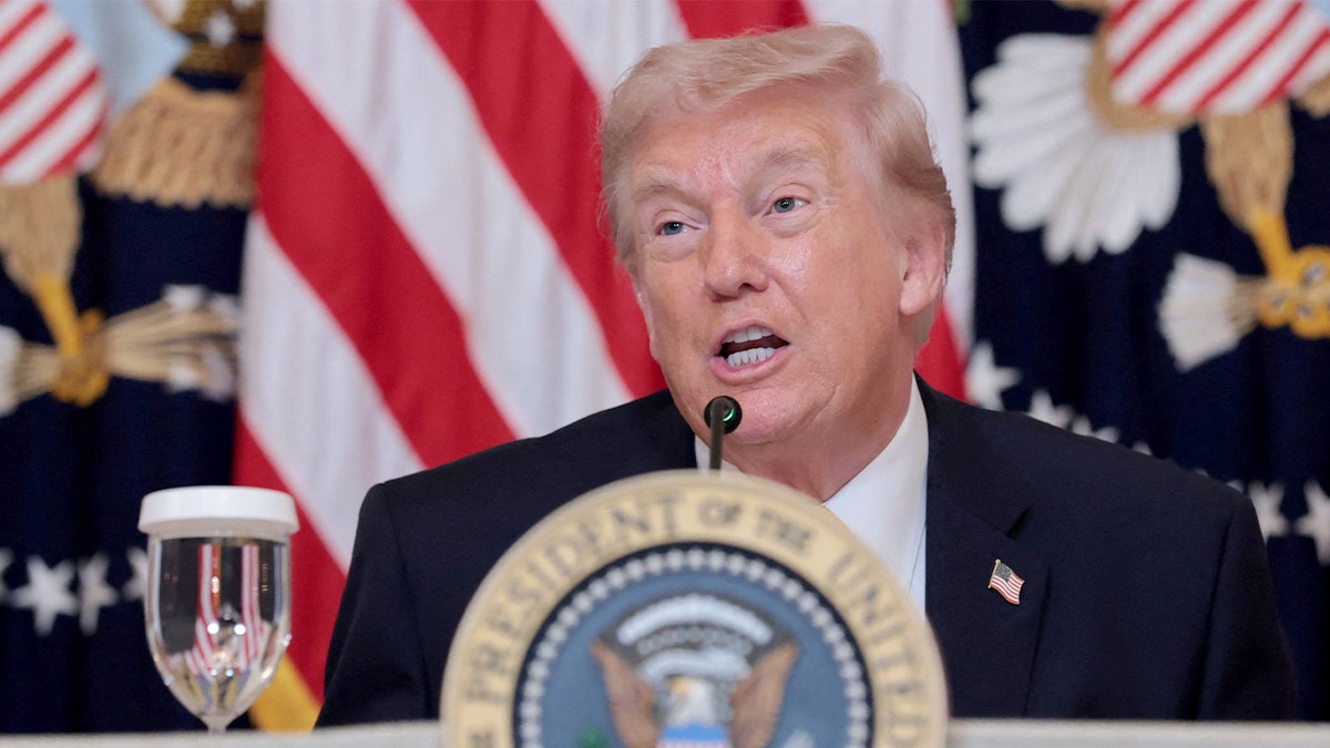 President Donald Trump speaking during a luncheon with Kennedy Center board members in the East Room of the White House