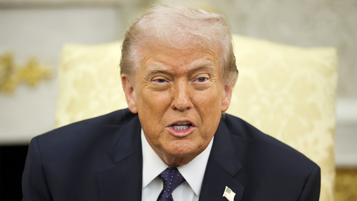President Donald Trump speaks during a meeting in the Oval Office at the White House.