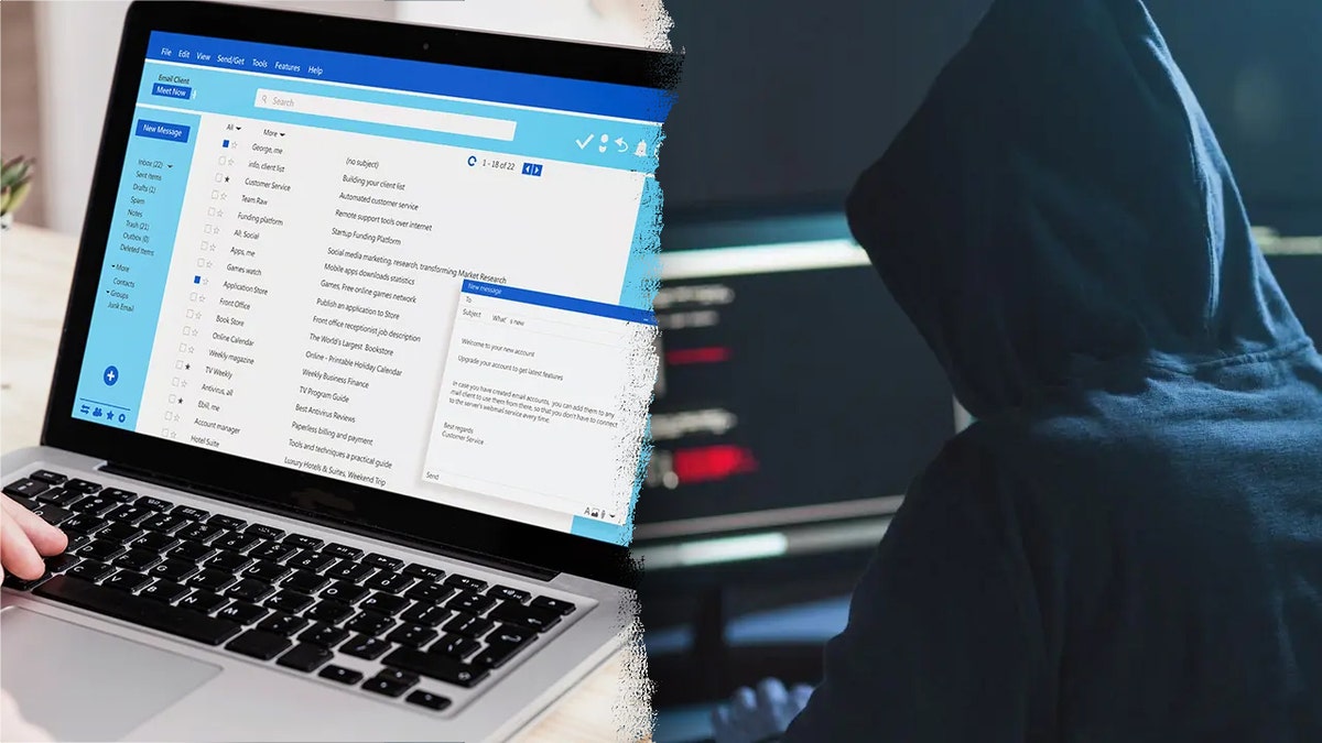 Split image of an email and a man in a hoodie with computers in the background