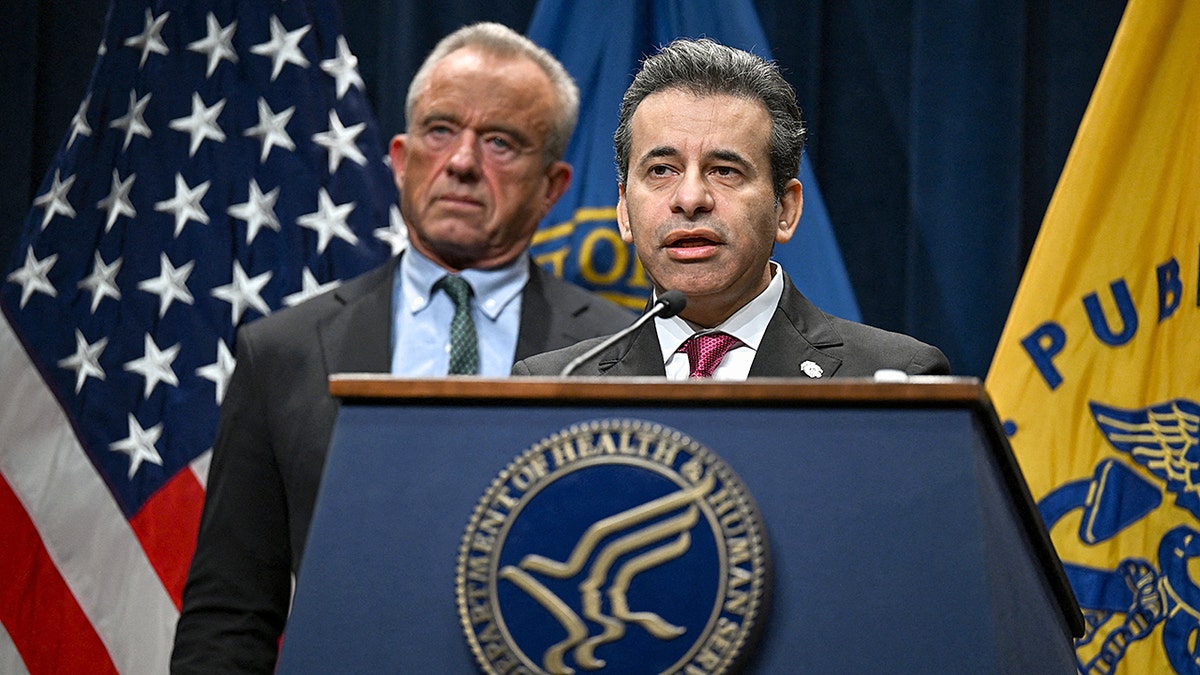 Food and Drug Administration Commissioner Marty Makary speaking astatine  a property   league  with Secretary Robert F. Kennedy Jr. successful  Washington, D.C.