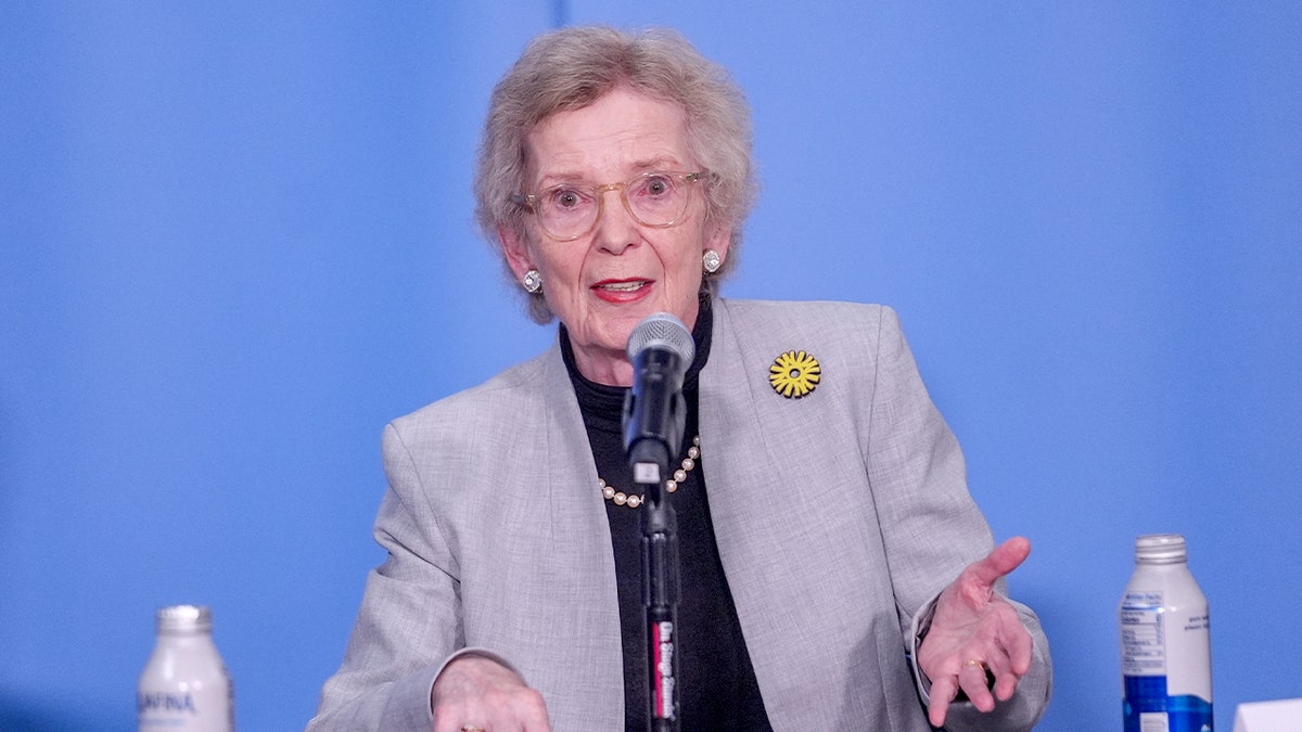 Mary Robinson speaks at a United Nations press conference alongside members of The Elders in New York City.