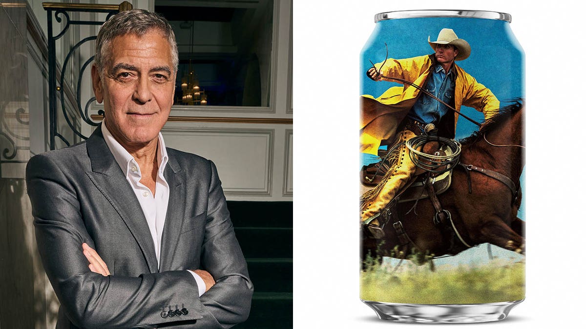A split of George Clooney and a Crazy Mountain beer can 