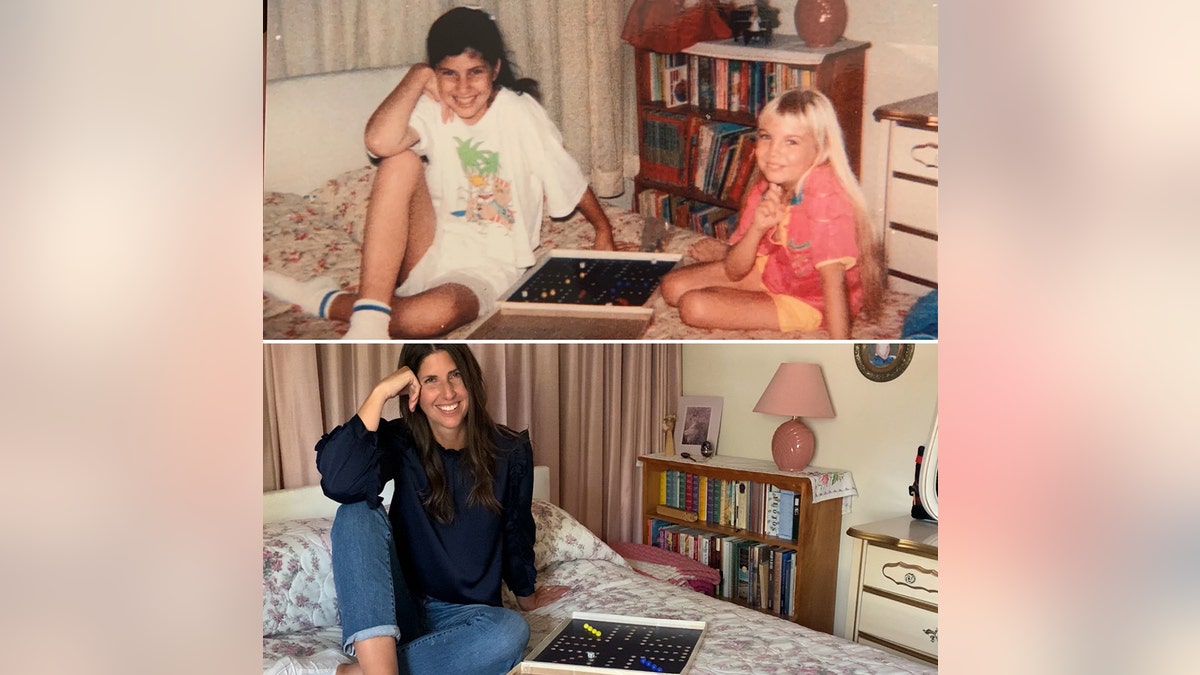 A split photo of Heather O'Rourke's friend then and now.