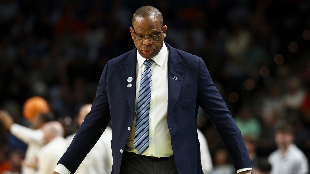 Head coach Hubert Davis of the North Carolina Tar Heels looks on during the first half against the VCU Rams in the first round of the 2026 NCAA Men's Basketball Tournament at Bon Secours Wellness Arena on March 19, 2026 in Greenville, South Carolina.