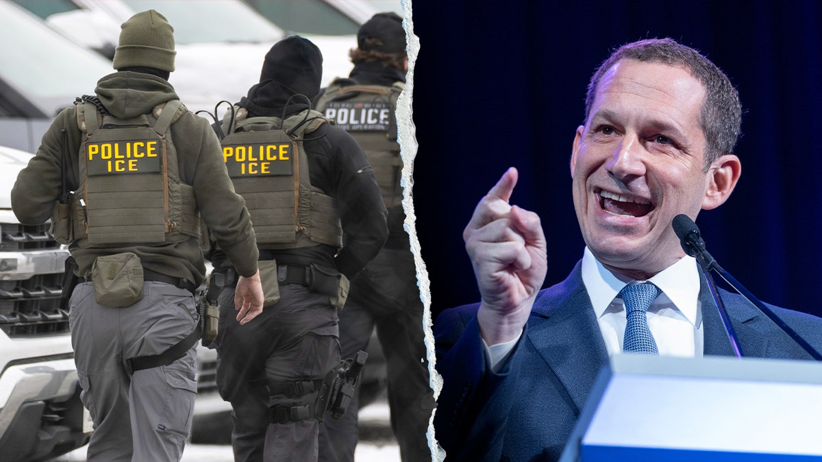 Split image of ICE agents wearing tactical gear and San Francisco Mayor Daniel Lurie speaking at a podium